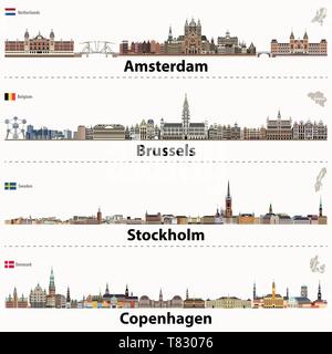 Vektor Städte Skylines von Amsterdam, Brüssel, Stockholm und Kopenhagen Stock Vektor