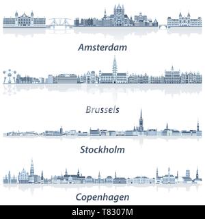 Vektor Städte Skylines von Amsterdam, Brüssel, Stockholm und Kopenhagen Stock Vektor