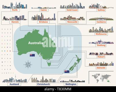 Vektorkarte (und Flagge) von Australien und Neuseeland mit der größten Städte Skylines. Stock Vektor