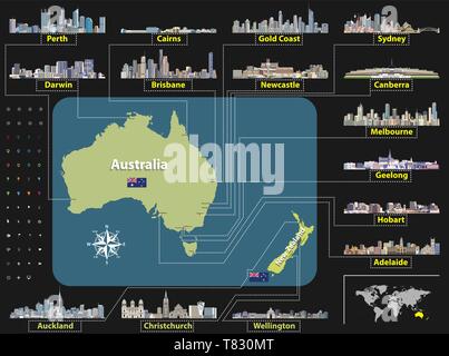 Vektorkarte (und Flagge) von Australien und Neuseeland mit der größten Städte Skylines. Stock Vektor