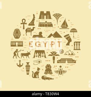 Vektor Rundschreiben Konzept der Symbole auf dem Thema der Sehenswürdigkeiten und Symbole Ägyptens mit Platz für Text. Alle Symbole sind auf dem Hintergrund isoliert und w gezeichnet Stock Vektor