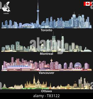 Vektorgrafiken der kanadischen Städte Toronto, Montreal, Vancouver und Ottawa skylines Stock Vektor