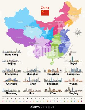 China Karte mit der größten chinesischen Stadt Skylines. Vector Illustration Stock Vektor