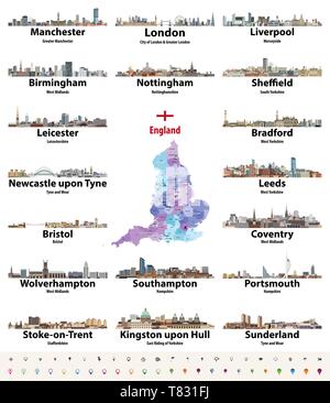 Vektor einrichten von England größten Städte Skylines. Karte und Flagge von England Stock Vektor