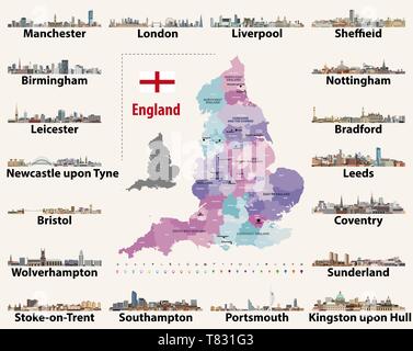 Vektor einrichten von England größten Städte Skylines. Karte und Flagge von England Stock Vektor