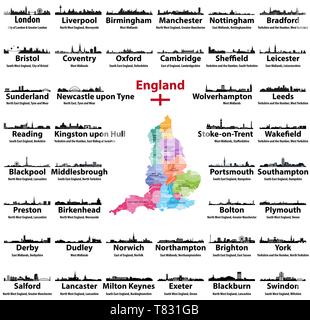 England Karte und Städte Skylines mit Namen von Stadt, Region und zeremonielle Grafschaft Stock Vektor