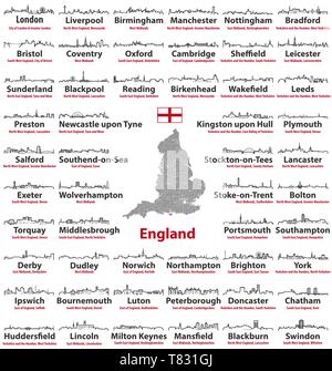 England Karte und Städte Skylines mit Namen von Stadt, Region und zeremonielle Grafschaft Stock Vektor
