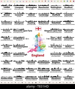 England Karte und Städte Skylines mit Namen von Stadt, Region und zeremonielle Grafschaft Stock Vektor