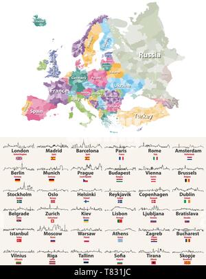 Vector Illustration Europas Regionen Karte mit europäischen Städten skylines Symbole Stock Vektor