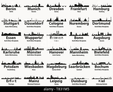 Deutschlands größte Städte Skylines Silhouetten Vektor einrichten Stock Vektor