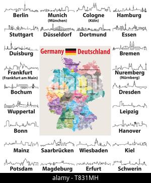 Vector Illustration von Deutschland hoch detaillierte Karte mit den größten Städten skylines Symbole Stock Vektor