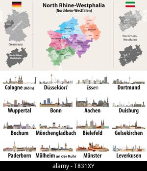 Deutschland Bundesland Nordrhein-Westfalen hoch detaillierte Vektor Karte mit den größten Städten skylines Silhouetten Stock Vektor