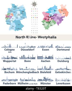 Deutschland Bundesland Nordrhein-Westfalen hoch detaillierte Vektor Karte mit den größten Städten skylines Silhouetten Stock Vektor