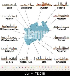 Deutschland Bundesland Nordrhein-Westfalen hoch detaillierte Vektor Karte mit den größten Städten skylines Silhouetten Stock Vektor