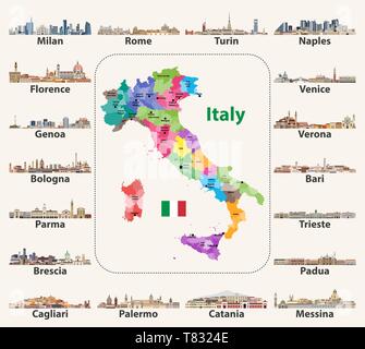 Vector Illustration von Italien Karte mit den wichtigsten Städten skylines Stock Vektor