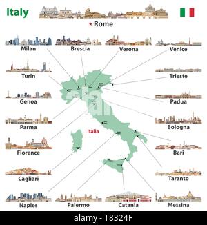 Vector Illustration von Italien Karte mit den wichtigsten Städten skylines Stock Vektor