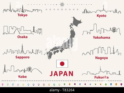 Vector Illustration der japanischen Städte Skylines skizziert Stock Vektor