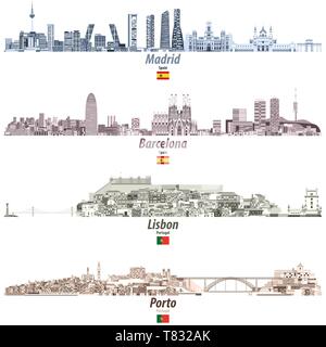 Vektorgrafiken von Madrid, Barcelona, Lissabon und Porto Skylines Stock Vektor