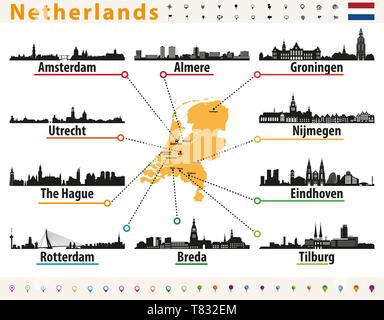 Niederlande Karte mit den größten Städten skylines Stock Vektor