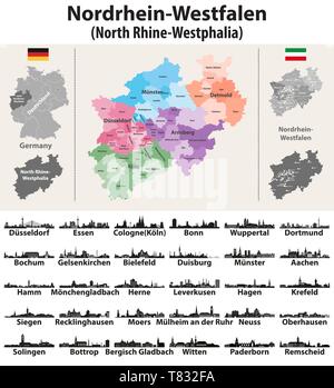 Deutschland Bundesland Nordrhein-Westfalen Vektor Karte mit den größten Städten skylines Stock Vektor