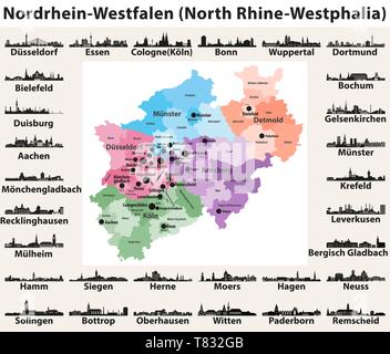 Deutschland Bundesland Nordrhein-Westfalen Vektor Karte mit den größten Städten skylines Stock Vektor