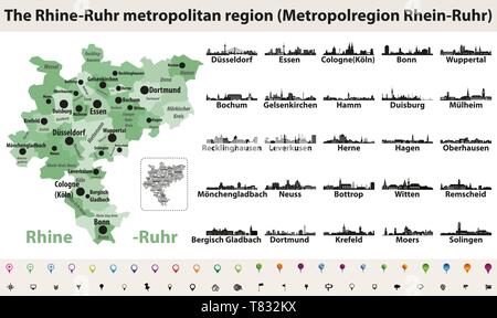 Rhein-ruhr-Gebiet metropolitam Vektor Karte mit den größten Städten skylines Stock Vektor