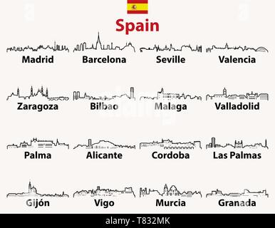 Spanien Größte Städte Skylines Symbole Vector Illustration Stock Vektor