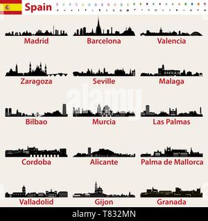 Spanien Größte Städte Skylines Symbole Vector Illustration Stock Vektor