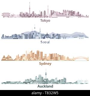 Vektorgrafiken in Tokio, Seoul, Sydney und Auckland Skyline Stock Vektor