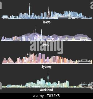 Vektorgrafiken in Tokio, Seoul, Sydney und Auckland Skyline Stock Vektor