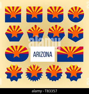 Arizona Flagge Sammlung Abbildung Icons Set Vektor. Symbol der Staat im Südwesten der USA Arizona besteht aus Strahlen von Rot und Gelb Nach oben Stock Vektor