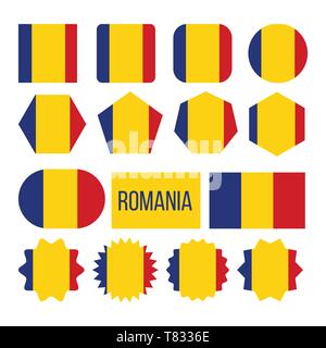 Rumänien Flagge Sammlung Abbildung Icons Set Vektor. Nationales Symbol der osteuropäischen Land Rumänien Trikolore mit senkrechten blauen, gelben und roten Streifen Stock Vektor