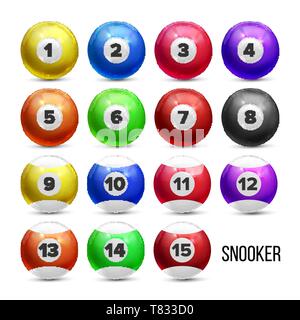 Snooker Billard Kugeln mit Nummern einrichten Vektor. Bunte glänzende Sammlung von Snooker Spiel Pool Kugel mit Reflexion. Das Spielen von Spielen Ent Stock Vektor