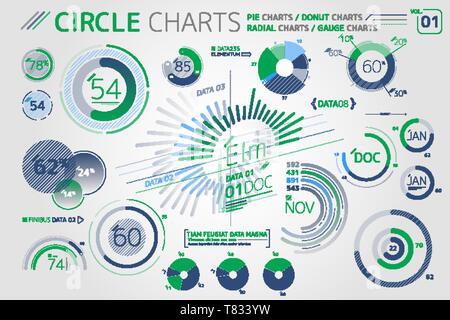 Kreis Charts, Kreisdiagramme, Radial Manometer Charts Infografik Charts und Elemente Stock Vektor