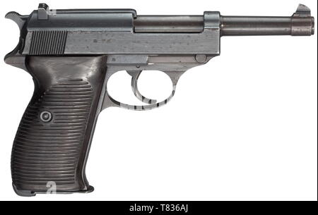 Eine Walther P38, Code "ac 41 sogenannten 3. Modell, cal. 9 mm Parabellum, nein. 8325 Ich. Übereinstimmende Nummern. Helle Bohrung. Annahme eagle/359 auf Haupt- und auf alle kleinen Teile. Original beenden, etwas Pflaume - auf Fass und Grip frame gefärbt. Minimale Gebrauchsspuren, teilweise leicht fleckig. Dunkelbraun Bakelit grip Panels. Passend nummerierten Magazin und passenden nummerierten spare Magazine, beide mit Doppelbetten Akzeptanz eagle/359. Mit seinen zwei passende nummerierte Zeitschriften Dies ist eine seltene Sammlerstücke' los in sehr gutem bis neuwertigem Zustand. Erwerbsscheinpflich, Additional-Rights - Clearance-Info - Not-Available Stockfoto