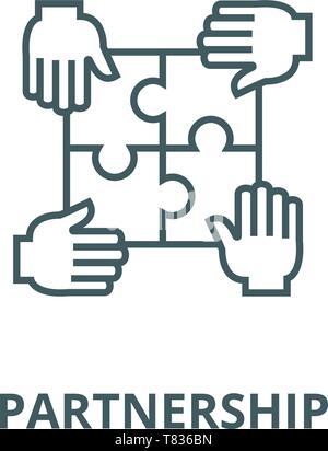 Puzzle mit vier Händen, Partnerschaft vektor Symbol Leitung, lineare Konzept erläutern, Zeichen, Symbol Stock Vektor