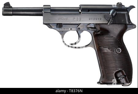 Eine Walther P38, "null-serie" so genannte 4-Modell. Cal. 9 mm Parabellum, nein. 012919. Übereinstimmende Nummern. Matt Bohrung. Produziert ca. Juni 1940. Standard Inschrift der Null-Serie (Null-Serie). Annahme Mark Adler/359 auf Haupt- und alle Kleinteile. Original Finish auf Fass und Folie, grip Frame kaum merklich Re - fertig. Magazin mit Abnahme Mark Adler/359. Passend nummerierten Gerippte, dunkelbraun Bakelit grip Panels mit Abnahme eagle/359 und noch runde Trageschlaufe. Einer der letzten produzierten P38 s der Null-Serie in fast neuwertigem Zustand. Die, Additional-Rights - Clearance-Info - Not-Available Stockfoto