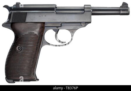 Eine Walther P38, "null-serie" so genannte 4-Modell. Cal. 9 mm Parabellum, nein. 012919. Übereinstimmende Nummern. Matt Bohrung. Produziert ca. Juni 1940. Standard Inschrift der Null-Serie (Null-Serie). Annahme Mark Adler/359 auf Haupt- und alle Kleinteile. Original Finish auf Fass und Folie, grip Frame kaum merklich Re - fertig. Magazin mit Abnahme Mark Adler/359. Passend nummerierten Gerippte, dunkelbraun Bakelit grip Panels mit Abnahme eagle/359 und noch runde Trageschlaufe. Einer der letzten produzierten P38 s der Null-Serie in fast neuwertigem Zustand. Die, Additional-Rights - Clearance-Info - Not-Available Stockfoto