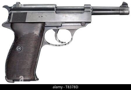 Eine Walther P38, Code '480' So genannte 1. Modell. Cal. 9 mm Parabellum, nein. 6808. Übereinstimmende Nummern. Gute Bohrung. Registrierung Standard dieses Modells. Annahme Mark Adler/359 auf Haupt- und alle Kleinteile. Ursprünglich stark polierte Oberfläche, feinste Gruben an der Vorderseite der Zylinder und die Folie, gebürstet auf diese Punkte. Partiell minimal fleckig. Magazin ohne, nur mit der Aufschrift "S. 38". Passend nummerierten Dunkelbraun Bakelit grip Panels mit Akzeptanzzeichen eagle/359. Runde Trageschlaufe. Sammlerstücke' Objekt in sehr gutem Zustand. Erwerbsscheinpflichtig. , Additional-Rights - Clearance-Info - Not-Available Stockfoto