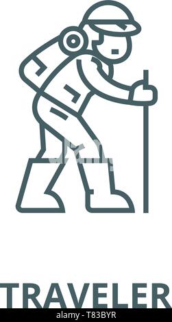 Reisende, wandern Mann vektor Symbol Leitung, lineare Konzept erläutern, Zeichen, Symbol Stock Vektor