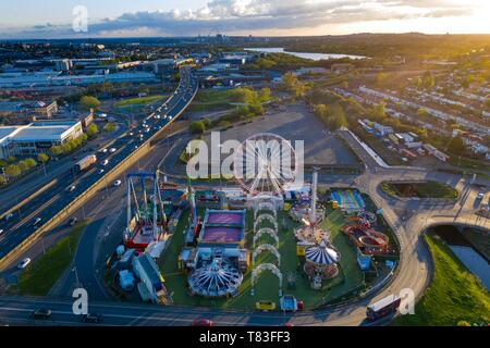 Brent Cross Beach Kirmes bei Sonnenuntergang, London, UK Stockfoto