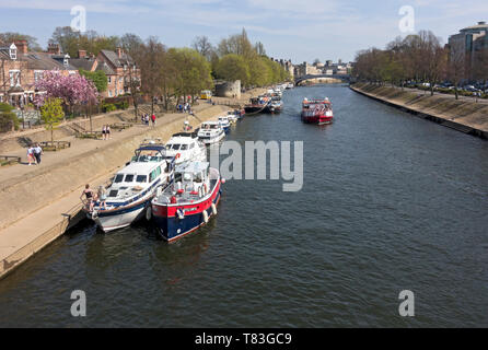 Vergnügungsboote, die im Frühling am Fluss Ouse festgemacht haben York North Yorkshire England Vereinigtes Königreich GB Großbritannien Stockfoto