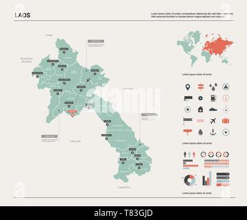 Vektorkarte von Laos. Hoch detaillierte Landkarte mit Abteilung, Städten und der Hauptstadt Vientiane. Politische Landkarte, Weltkarte, infografik Elemente. Stock Vektor