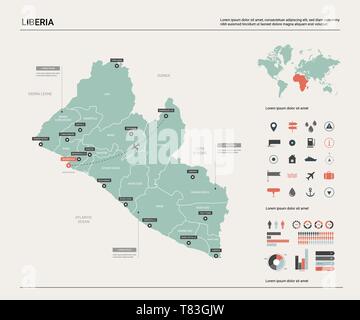 Vektor Karte von Liberia. Hoch detaillierte Landkarte mit Abteilung, Städte und Hauptstadt Monrovia. Politische Landkarte, Weltkarte, infografik Elemente. Stock Vektor