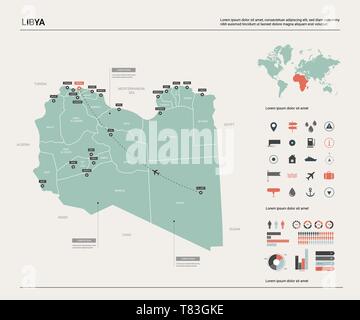 Vektor Karte von Libyen. Hoch detaillierte Landkarte mit Abteilung, Städten und der Hauptstadt Tripolis. Politische Landkarte, Weltkarte, infografik Elemente. Stock Vektor