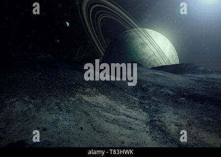 Fremden Planeten Landschaft mit Planeten und Monde in den Himmel, die Erforschung des Weltraums surrealen Illustration Stockfoto