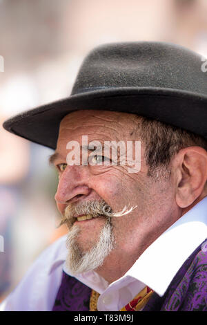 Close up Portrait von Mann mit Phantasie, grauen Schnurrbart und Bart tragen fühlte Trilby in Kriegszeiten das Ereignisprotokoll des Black Country Museum 1940, Sommer 2018. Stockfoto