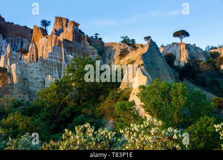 Frankreich, Pyrenees Orientales, Ille-sur-Tet, Les Orgues, Überblick über die Site bei Sonnenaufgang Stockfoto