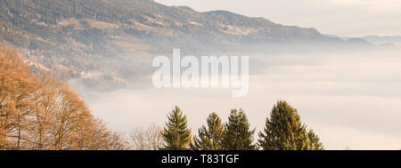 Landschaft Morgen Ansicht mit Wellen von Nebel über die Berge und Bäume Stockfoto