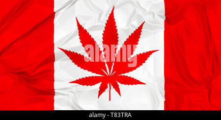 Die nationalen Kanada Flagge mit Marihuana Blatt 3 Abbildung d auf weißem Hintergrund. Cannabis Legalisierung in Canadia. Stockfoto